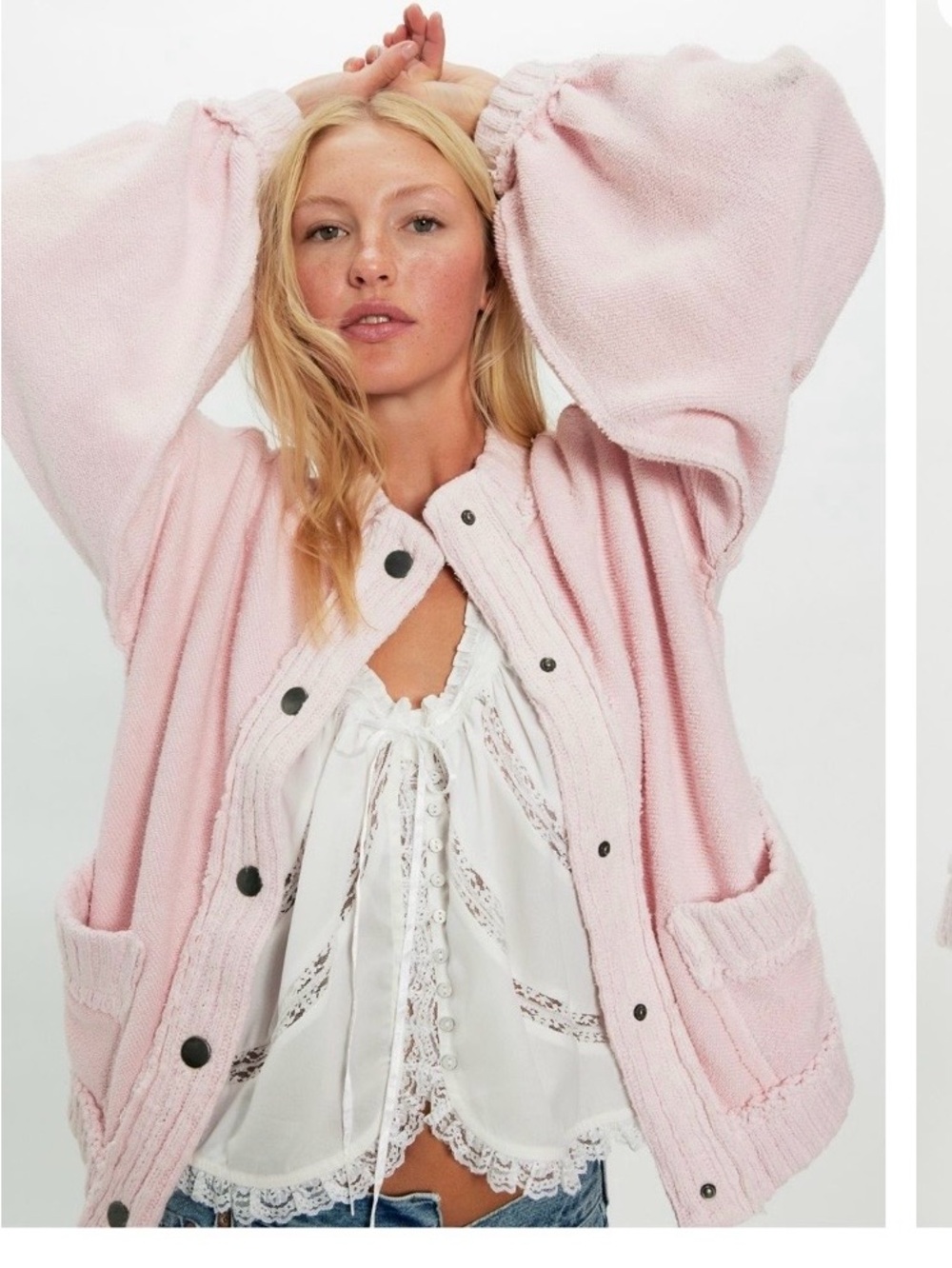 Nwt Free People Cute in this Cardi Pastel Pink Balloon Sleeve Cardigan M